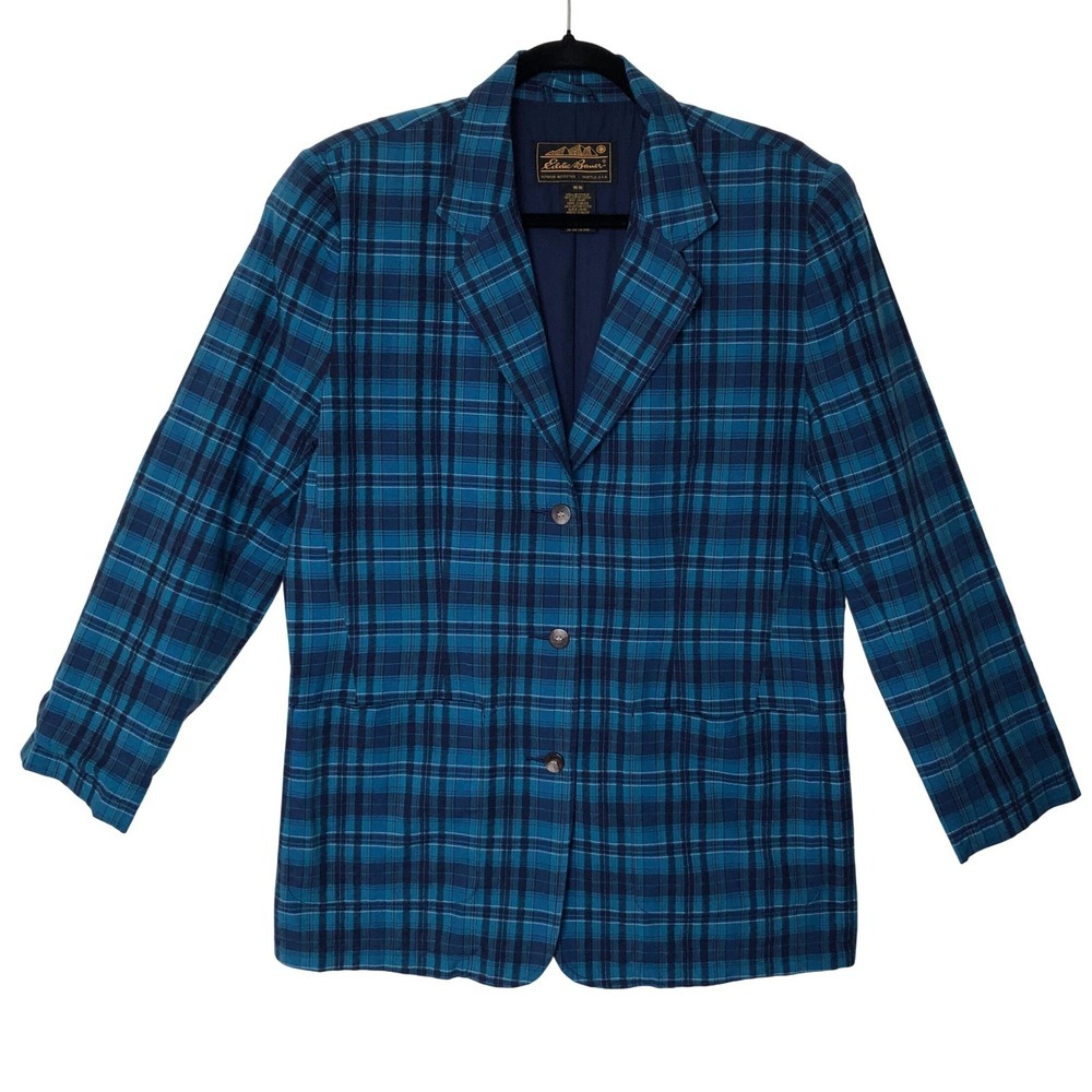 Vintage Eddie Bauer Plaid Blazer 100% Cotton Blue Green Career Preppy Jacket | M